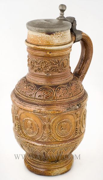 Raeren Pewter Mounted Brown Salt Glaze Stoneware Jug
Late 16th or Early 17th Century, entire view